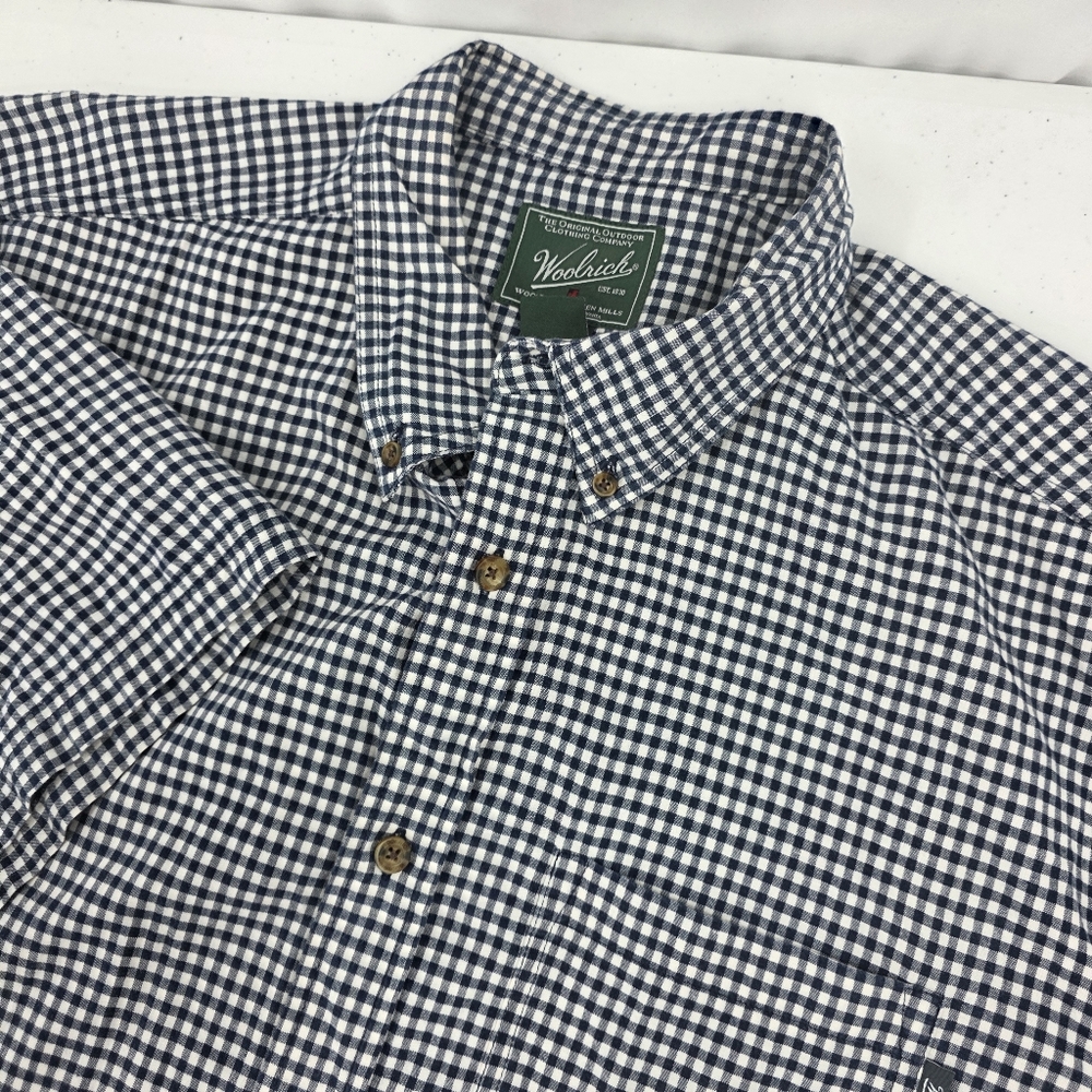 Woolrich Navy White Gingham Button Down Short Sleeve Shirt Men's Size XL Cotton.